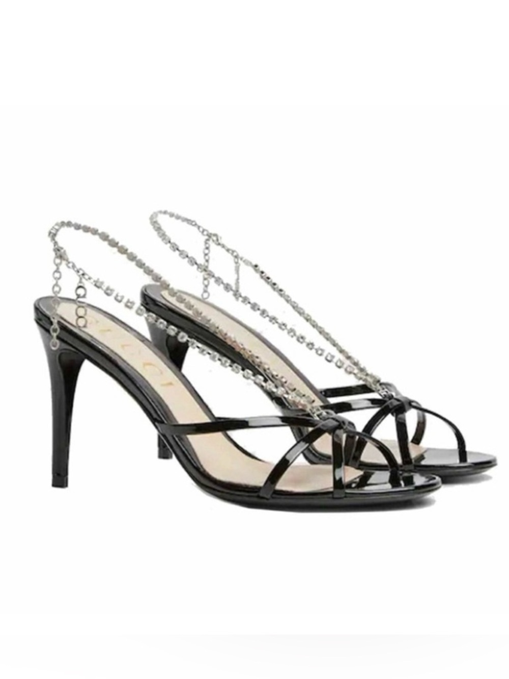 Gucci Crystal Chain Sandals Black Patent 38